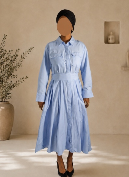 robe-chemise-longue-bleu-ciel-plissee-coton