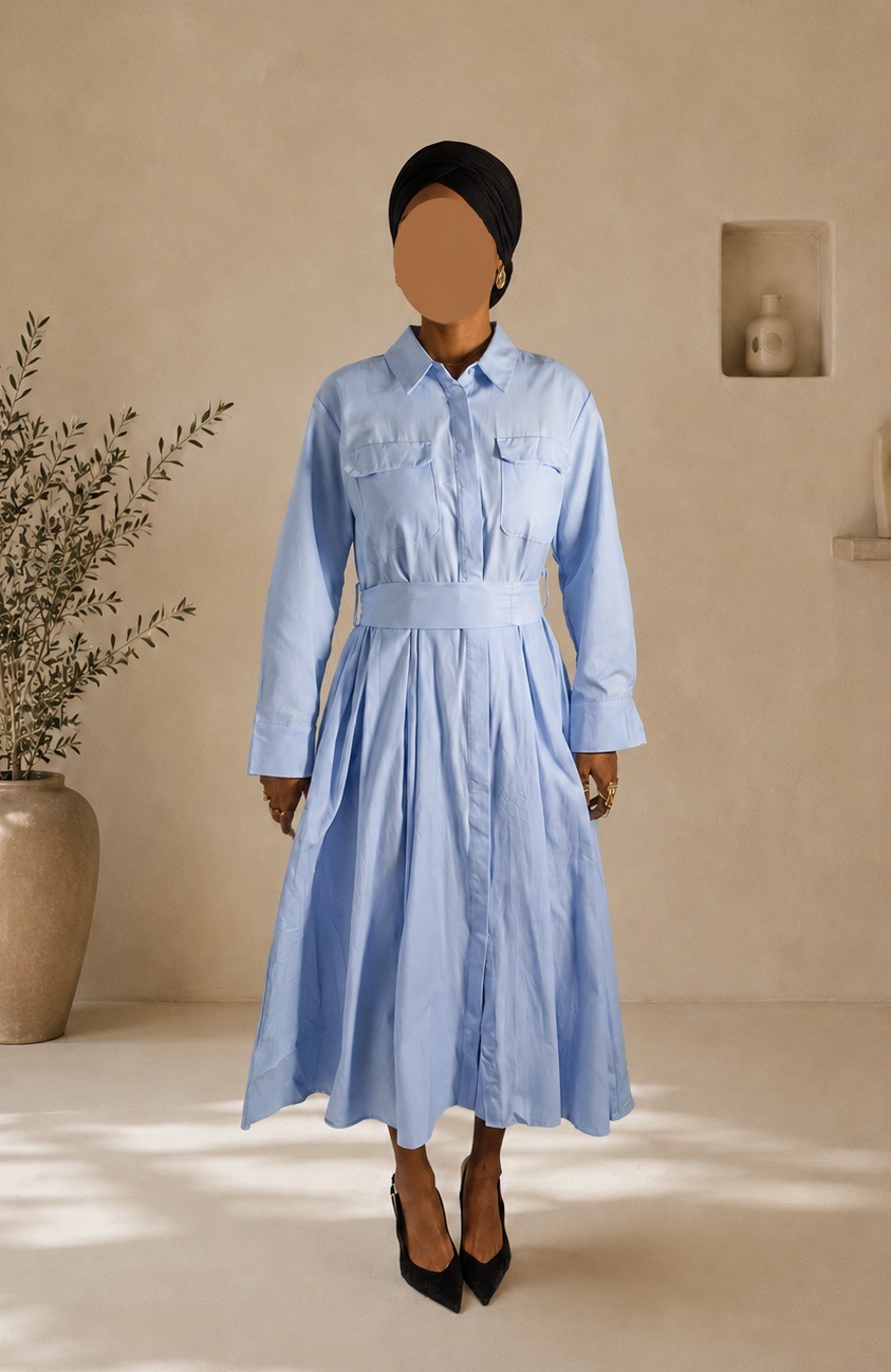 robe-chemise-longue-bleu-ciel-plissee-coton
