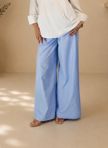 Pantalon palazzo bleu ciel en mélange de coton ample