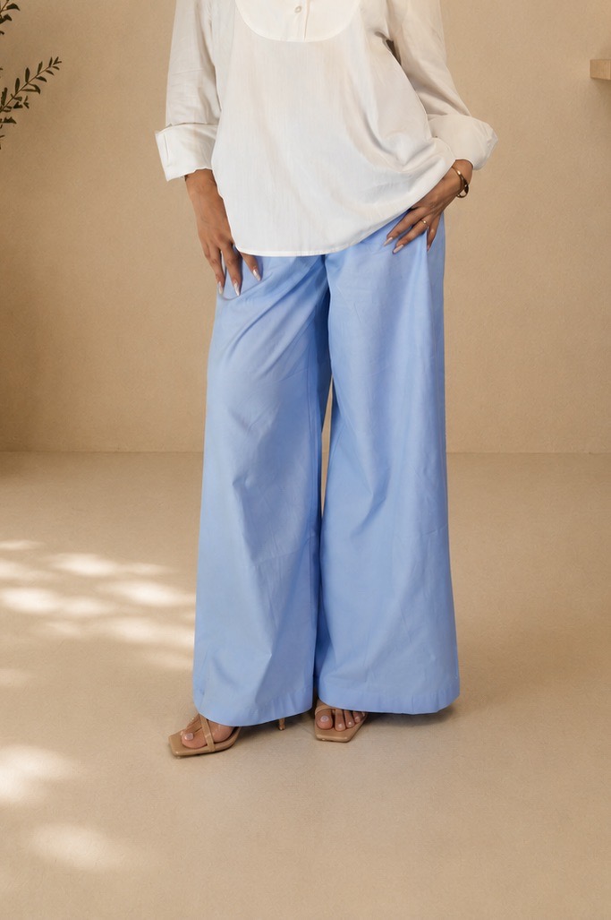Pantalon palazzo bleu ciel en mélange de coton ample
