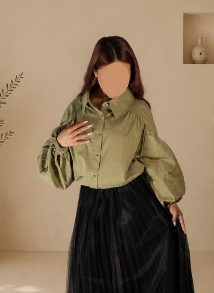 chemise-manches-bouffantes-coton-vert-kaki