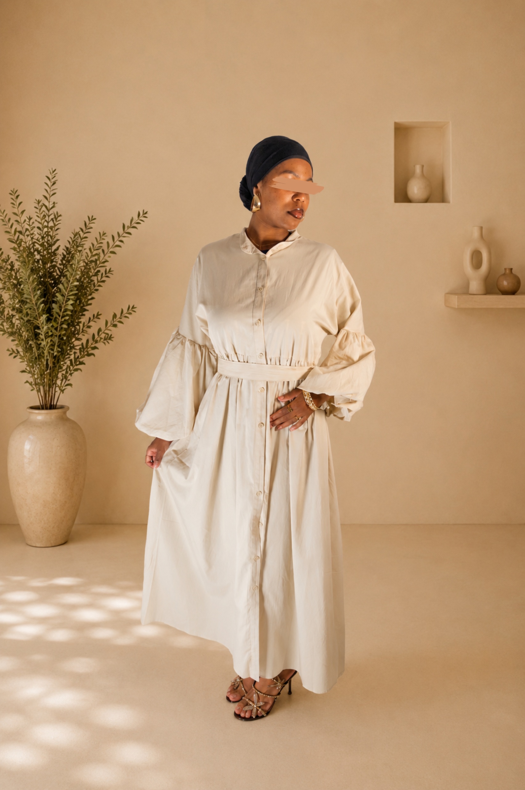 Robe chemise longue beige